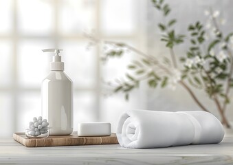 Wall Mural - White bathroom counter with towels and soap bottle on blurred background, mockup for product display montage stock photo contest winner,
