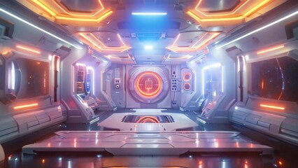 Poster - A futuristic space station featuring bright lights and mirrors, A futuristic spaceship interior with sleek metallic surfaces and glowing neon accents