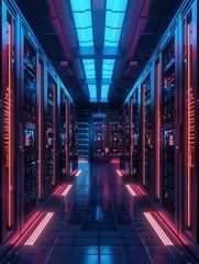 Poster - server room data center. backup, mining, hosting, mainframe and computer rack with storage informati