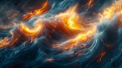 Wall Mural - Abstract waves of fire and water intertwining, glowing vibrantly in