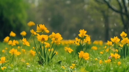 Wall Mural - Rain falling gently on a field of bright yellow daffodil flowers, A gentle rain shower falling on a field of daffodils