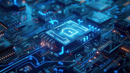 Poster - Padlock on circuit board motherboard. Technology, data protection and cybersecurity concept.