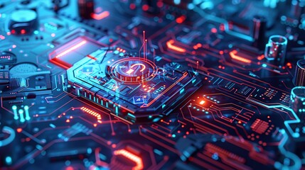 Poster - Close up view of a modern GPU card circuit with cyber security activated 3D rendering. Digital background.