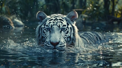 Wall Mural - A white tiger is seen swimming in a river