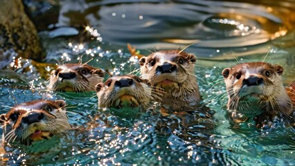 Sticker - A group of otters swim playfully in clear water, A group of playful otters swimming in a crystal clear river