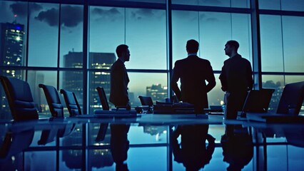 Poster - A couple of businessmen in suits standing next to each other, discussing and strategizing in front of a window, A group of professionals in suits strategizing in a boardroom