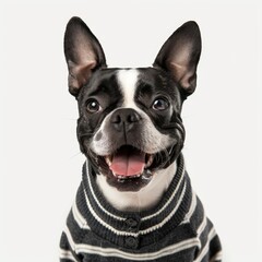 A Boston Terrier dog sporting a cozy sweater in black and white