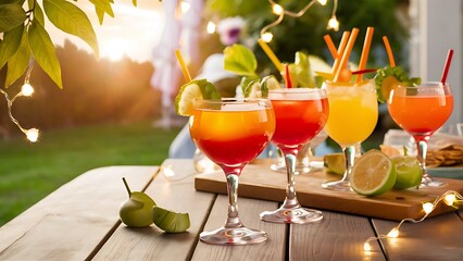 Fresh summer cocktails in glasses on table against blurred lights