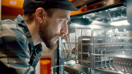 Poster - a handyman carefully inspects the inner workings of a dishwasher to assess for any issues or repairs