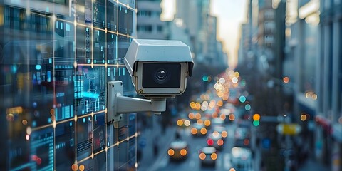 Sticker - Monitoring City Activity: Urban CCTV Network Utilizes Facial and Motion Recognition Technology. Concept urban surveillance, facial recognition, motion detection, city monitoring, CCTV technology