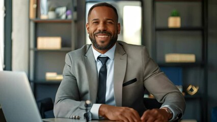 Poster - A man in a suit sits at a table with a laptop open in front of him, engaged in a video call discussing company matters, A high-powered CEO on a video call discussing company growth
