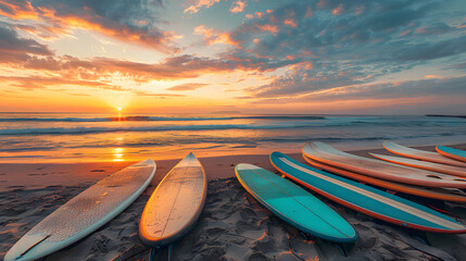 Surfboards are resting on the sand at a beach during a colorful sunset. The sky is painted with vibrant hues of orange, pink, and blue, creating a serene and picturesque coastal scene.