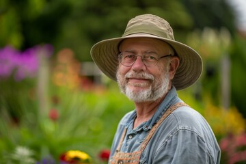 Canvas Print - Mature horticulturist, confident, professional, digital SLR, standard zoom, daytime, garden portrait, digital, high realism, natural light. , background blur