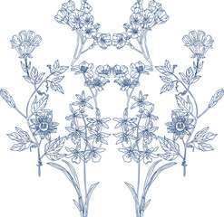 Wall Mural - Vintage pattern with blue wildflowers on a transparent background, for the production of fabrics, wallpaper, packaging