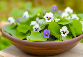 Wall Mural - A bowl filled with purple and white violet flowers