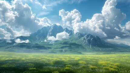 Wall Mural - Green rolling hills and mountains under a blue sky