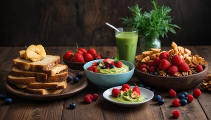 Wall Mural - A table with a variety of fruits and vegetables, including a bowl of guacamole