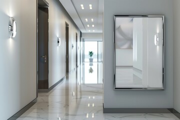 /imagine: A modern hallway with an empty wall frame mockup in a polished chrome finish, reflecting the light from contemporary light fixtures and minimalist decor.