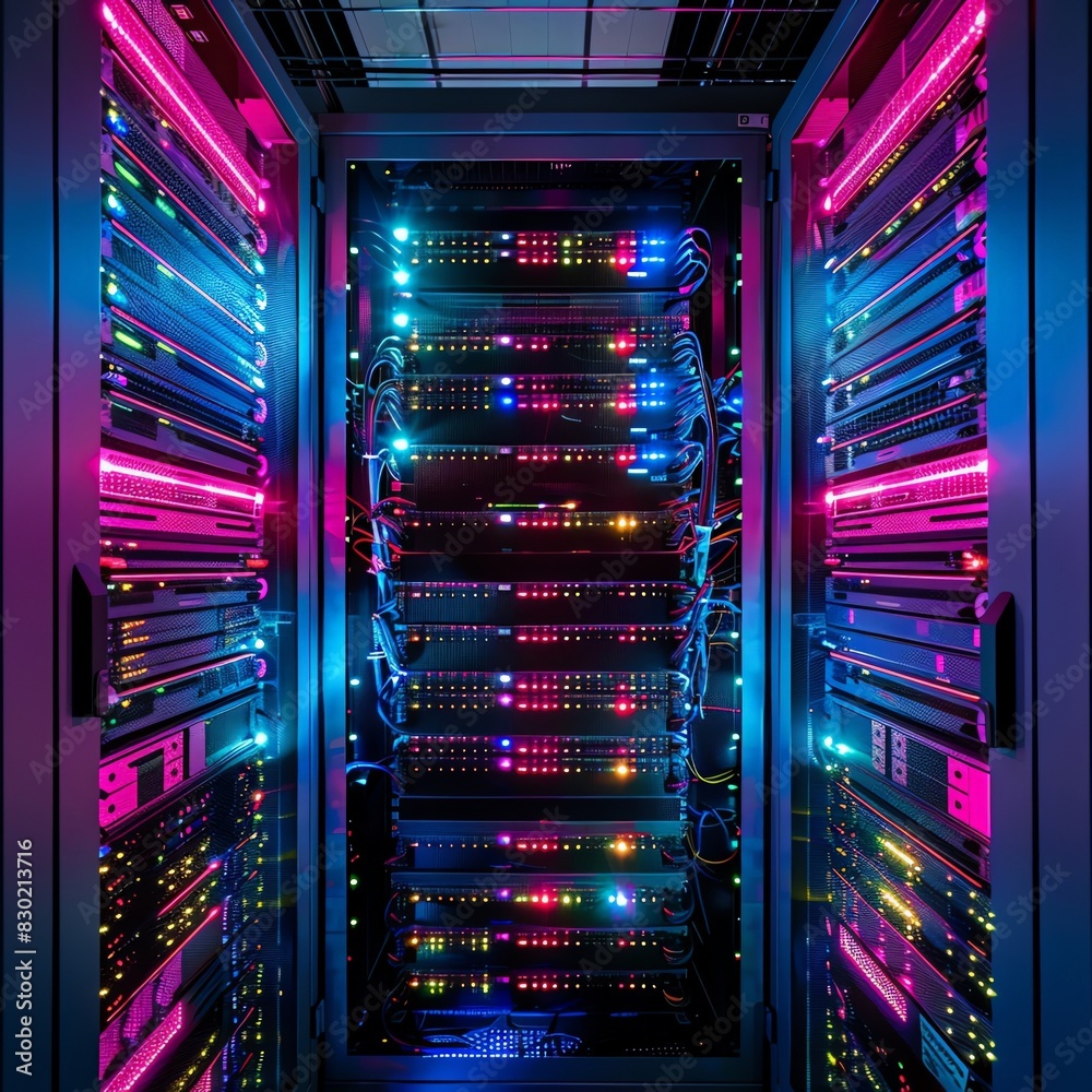 Rack cabinet, panoramic view, filled with network switches, dynamic ...