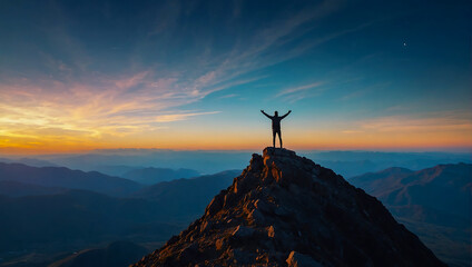 Wall Mural - A lone person stands on top of a big mountain with hands towards the sky as to celebrate their achievement