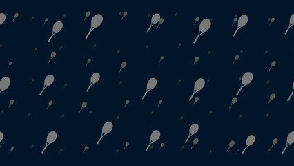 Poster - Tennis racket symbols float horizontally from left to right. Parallax fly effect. Floating symbols are located randomly. Seamless looped 4k animation on dark blue background