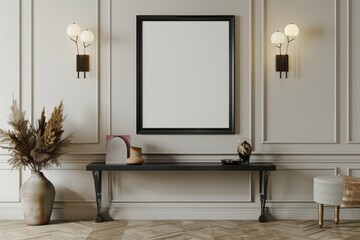 Wall Mural - /imagine: A stylish entryway with an empty wall frame mockup in a matte black finish, flanked by modern sconces and a sleek console table.