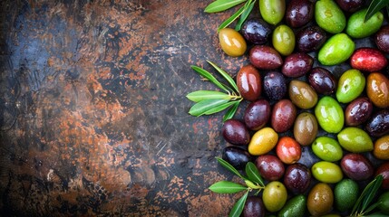 Wall Mural -  A selection of various olives and olive leaves atop a weathered, rustic surface In the image's center, a sprig of rosemary gracefully rests