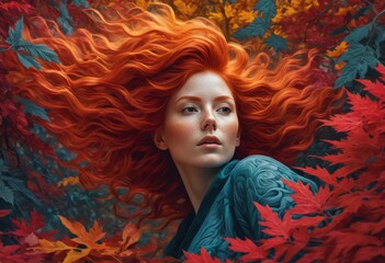 Fantasy image of a red-haired girl in fall foliage