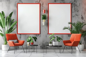 /imagine: A vibrant, contemporary office space with an empty wall frame mockup in a bold red color, set against a cool grey wall, accompanied by stylish office furniture and plants.