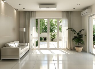 Wall Mural - Wide angle shot of a modern living room with a white sofa and chairs, 