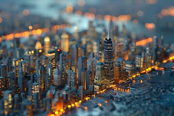 Canvas Print - A miniature model of a city with skyscrapers and lights.
