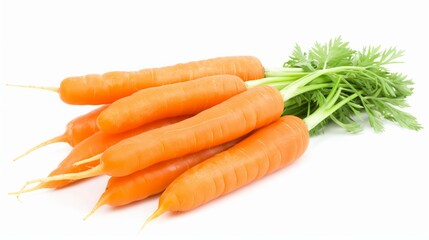 fresh orange carrots with green tops arranged on a white background in a close-up shot