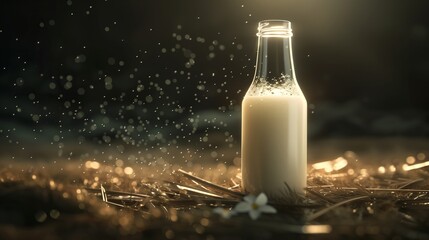 A minimalist image of a glass open bottle of milk standing on dry greenery or hay on a black background with many small reflections of light, emphasizing the fabulousness of the object. Copy space