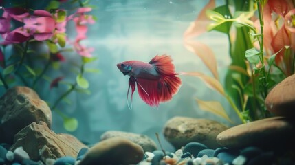 Wall Mural - A serene underwater scene of a betta fish tank, with soft lighting and peaceful ambiance creating a tranquil retreat for relaxation.