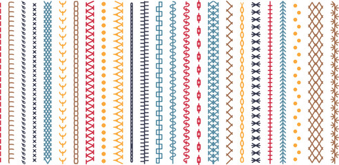Sew stitch. Colorful seamless pattern brush embroidery thread seam, fabric sewing machine stitches line border, textile seam. Needlework	