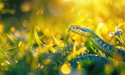 Snake in sunlit grass closeup view