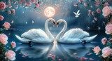 A beautiful painting of two swans in love under the moon at night, with a blue sky and pink flowers in the background.