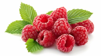 Wall Mural - A bunch of fresh raspberries with leaves, isolated on a white background.

