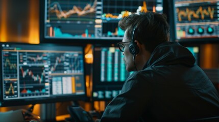 Fototapete - A stock trader monitoring live stock market graphs and charts on multiple computer screens, reacting swiftly to market movements.