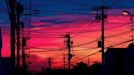 Wall Mural - A sunset silhouette of power lines and utility poles, with vibrant hues painting the sky as the day transitions to evening.