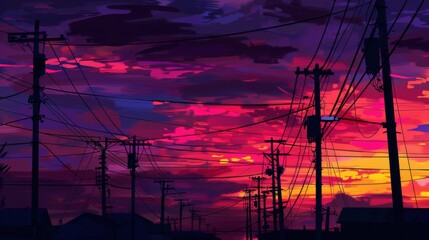 Poster - A sunset silhouette of power lines and utility poles, with vibrant hues painting the sky as the day transitions to evening.