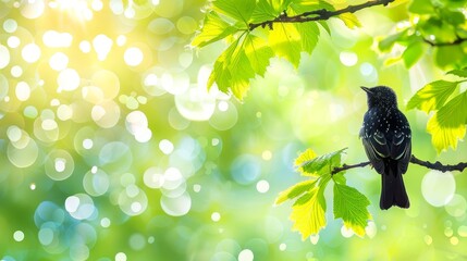 Wall Mural -  A black bird perches on a tree branch against a green and white backdrop of sunlight filtering through leaves