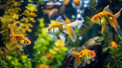 Poster - A tranquil underwater scene showcasing a variety of goldfish breeds gracefully navigating among aquatic plants and decorative elements.