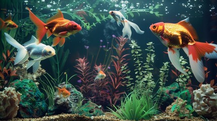 Poster - A tranquil underwater scene showcasing a variety of goldfish breeds gracefully navigating among aquatic plants and decorative elements.