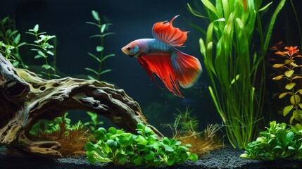 Poster - A vibrant betta fish swimming among aquatic plants and driftwood in a beautifully aquascaped aquarium, creating a serene underwater landscape.