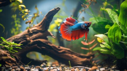 Poster - A vibrant betta fish swimming among aquatic plants and driftwood in a beautifully aquascaped aquarium, creating a serene underwater landscape.