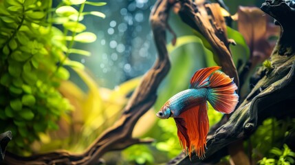 Poster - A vibrant betta fish swimming among aquatic plants and driftwood in a beautifully aquascaped aquarium, creating a serene underwater landscape.