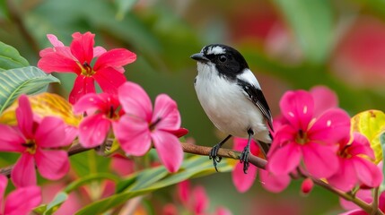  A small black-and-white bird perches on a branch, surrounded by pink flowers in the foreground, and green leaves beyond