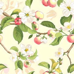 Poster - Seamless floral pattern with blooming apple blossoms and leaves. Delicate illustration. Ideal for textiles and wallpaper design. AI