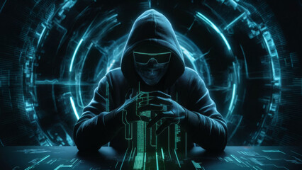 Shadowy figure of a hacker in the dark web, cloaked in a hood.